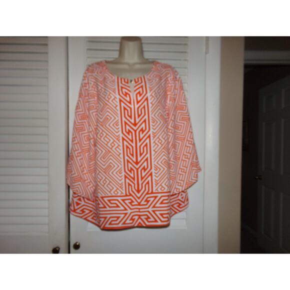 Chico's Black Label orange/white geometric top split sleeves pretty neck 3 Retro - Picture 1 of 5
